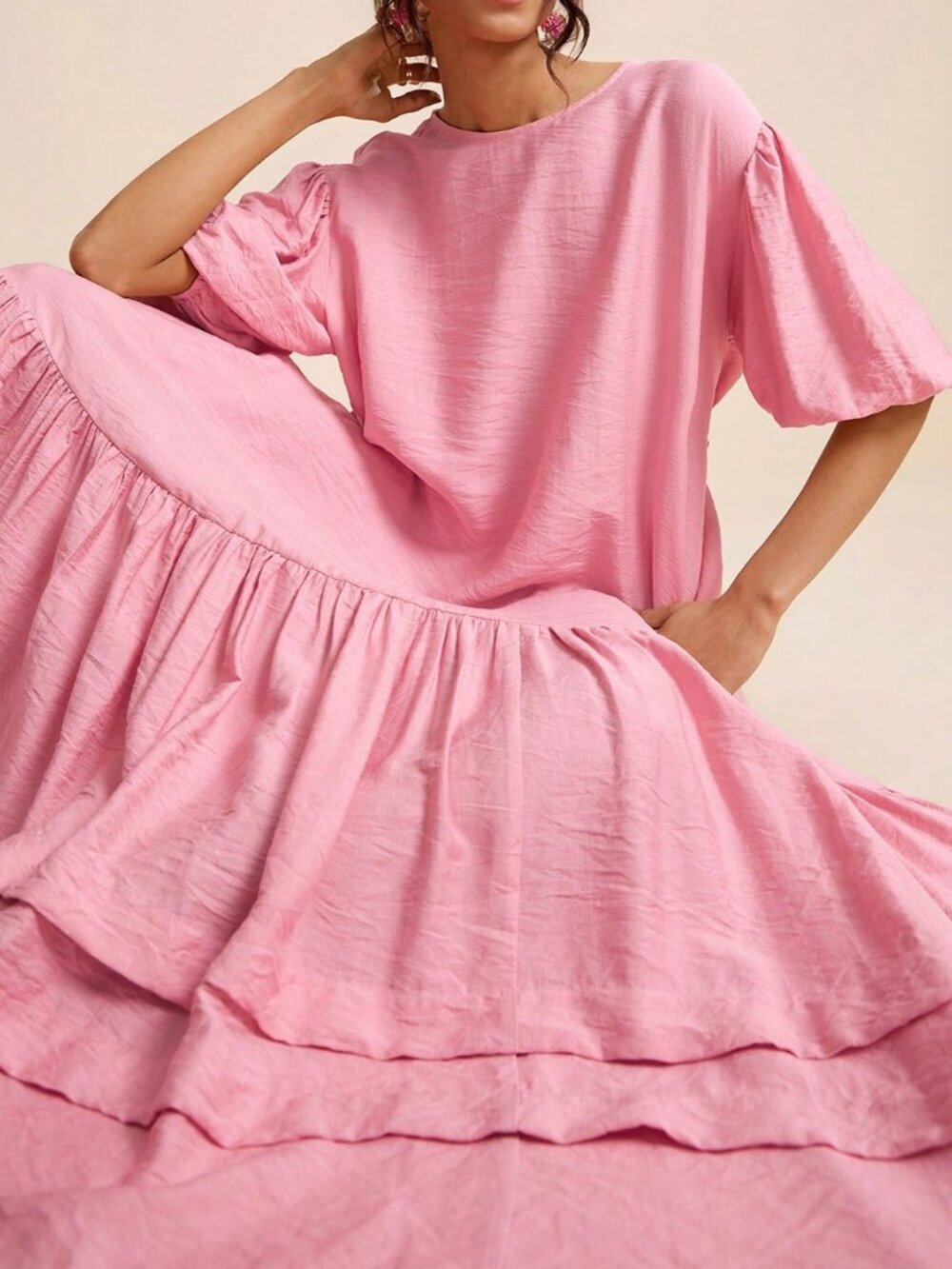 Pink Cute Women's Loose-Fit Ruched Sleeve Round Neck Flare Tiered Maxi Dress